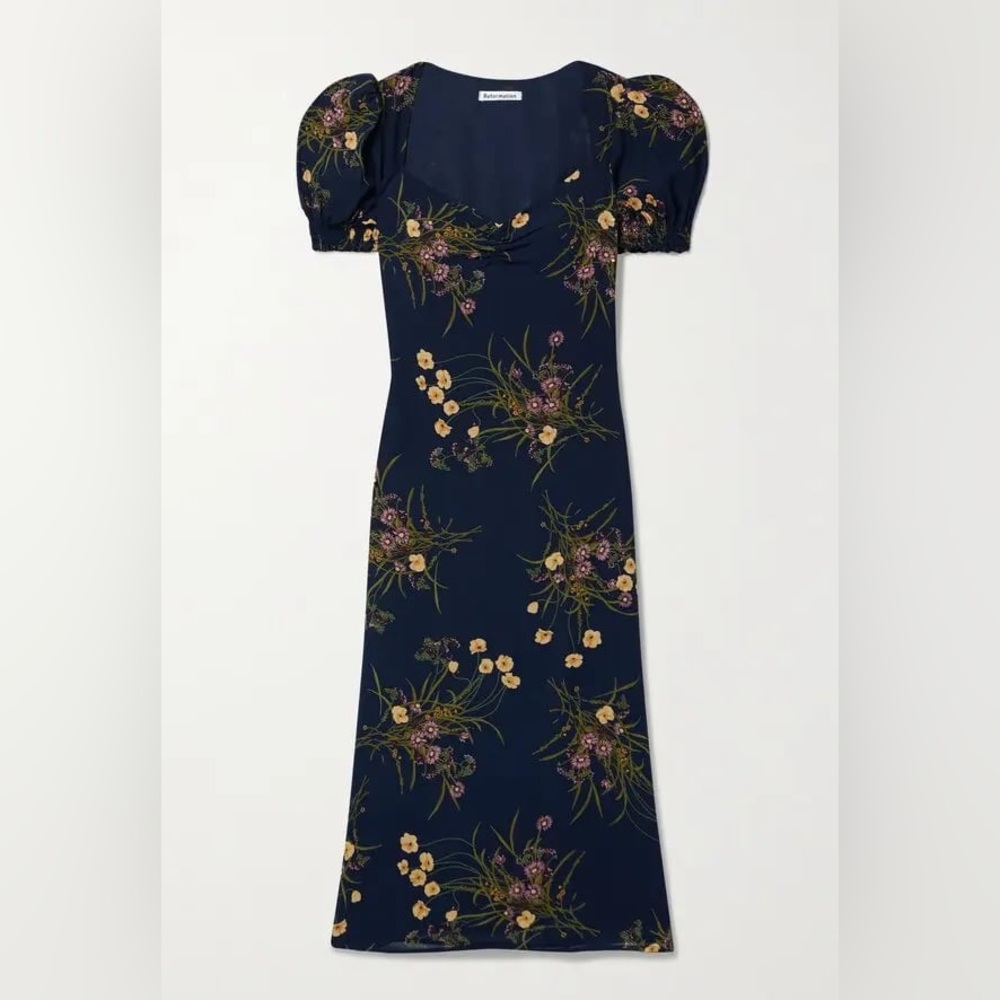 REFORMATION LUCIANA LACE UP FLORAL PRINT CREPE MIDI DRESS- SIZE 2